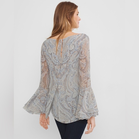 EUC WHITE HOUSE BLACK MARKET PAISLY BELL SLEEVE BLOUSE Size 2 Small - Picture 2 of 7